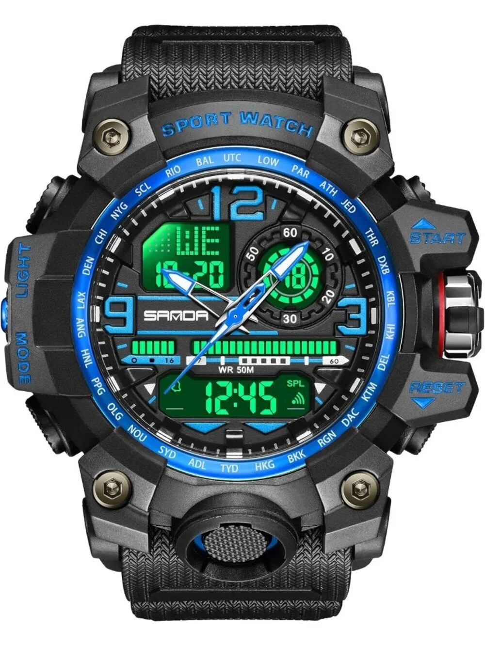 Men's Black Blue Analog Quartz Waterproof Military Sports Outdoor Digital Watch